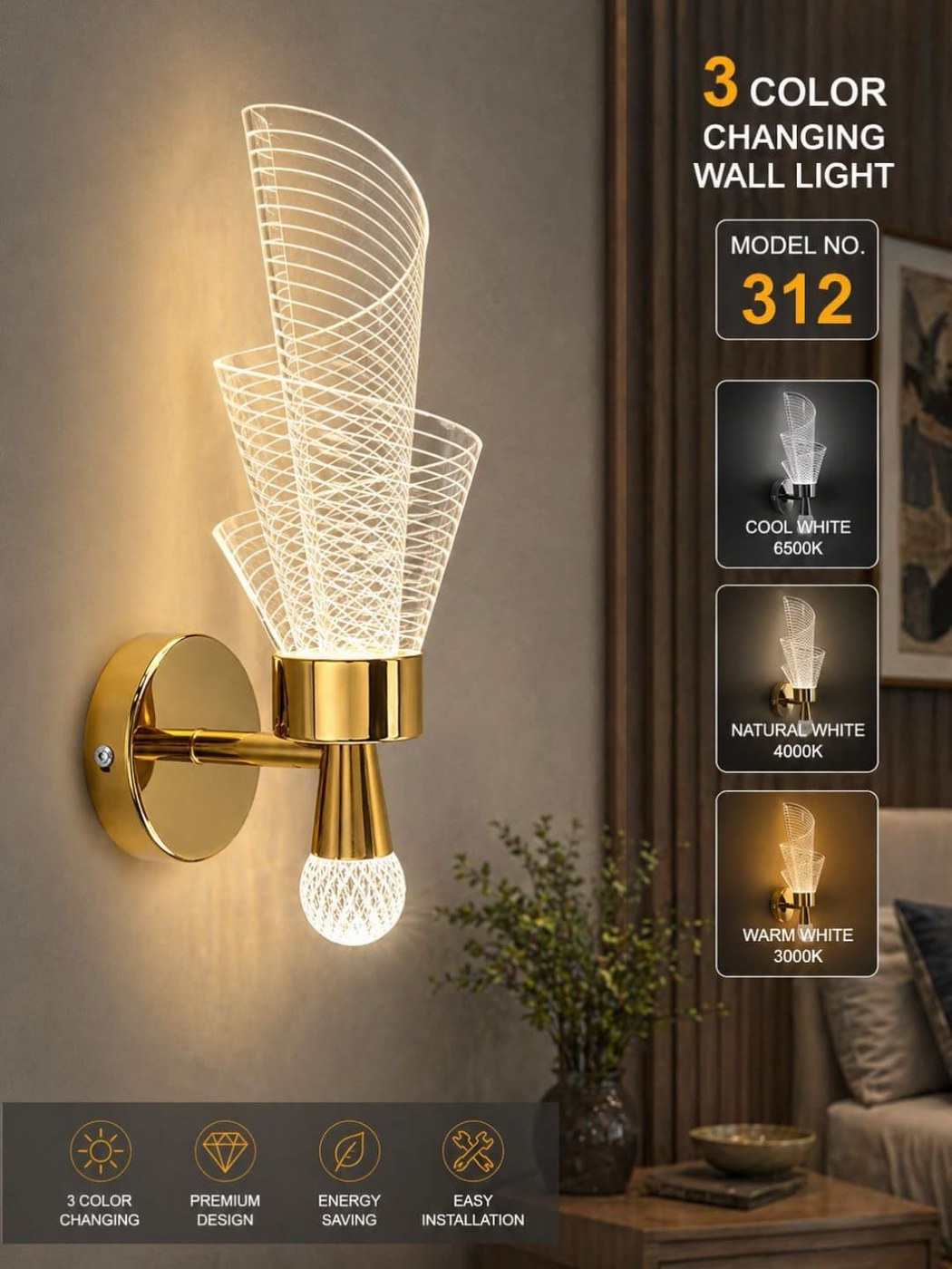 3 Color Changing Wall Light - Model 312