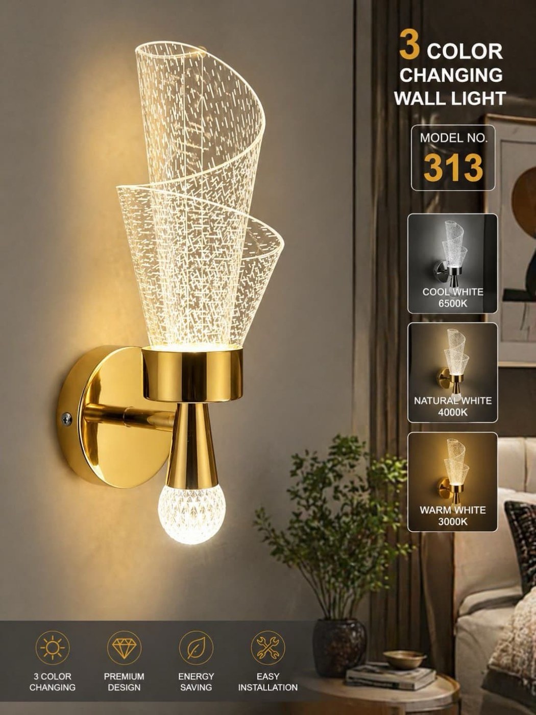 3 Color Changing Wall Light - Model 313
